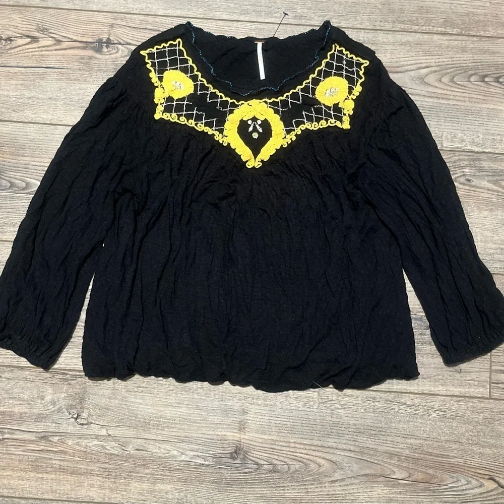 Free people black yellow embroidered begonia peasant top medium